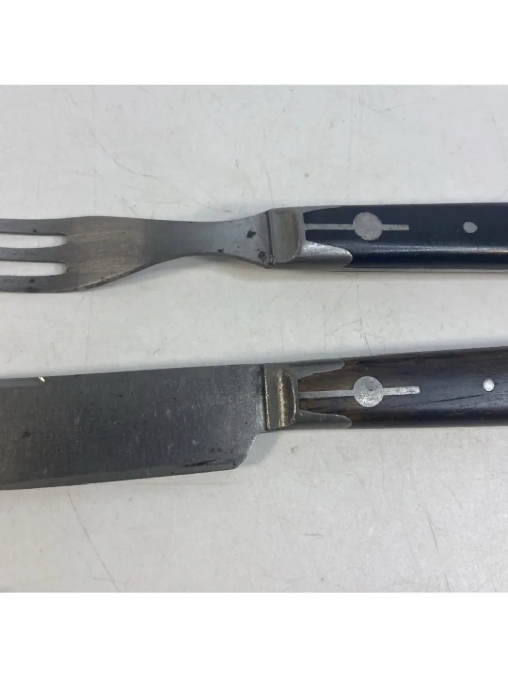 Vintage Cattaraugus Our Best Carbon Steel Knife Fork Set Pewter Inlay USA 20's